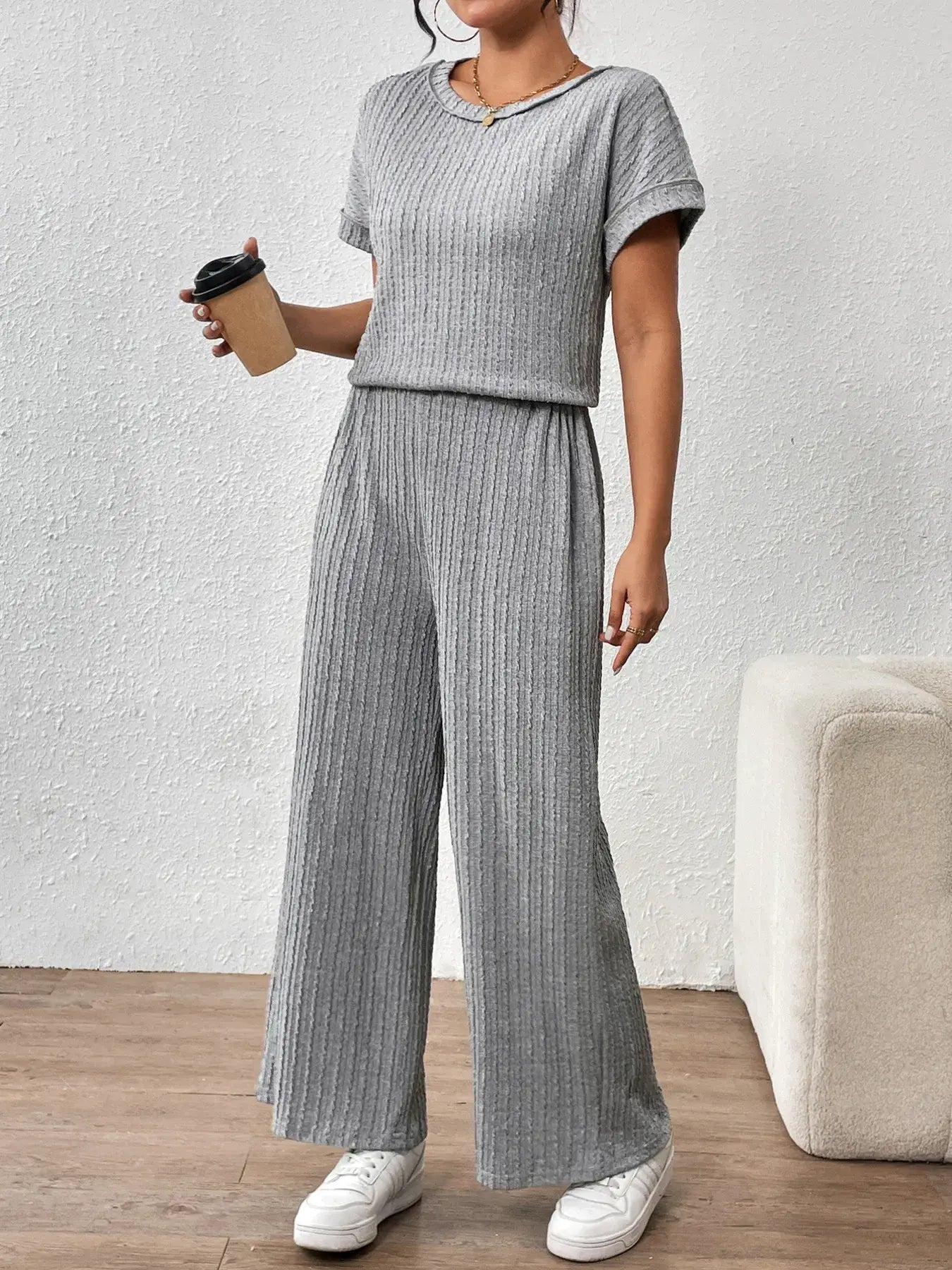 Round Neck Short Sleeve Top and Pants Set - Trendsi - Flyclothing LLC