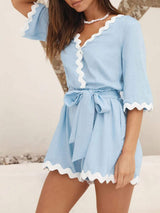 Contrast Trim Surplice Tie Waist Romper - Trendsi - Flyclothing LLC