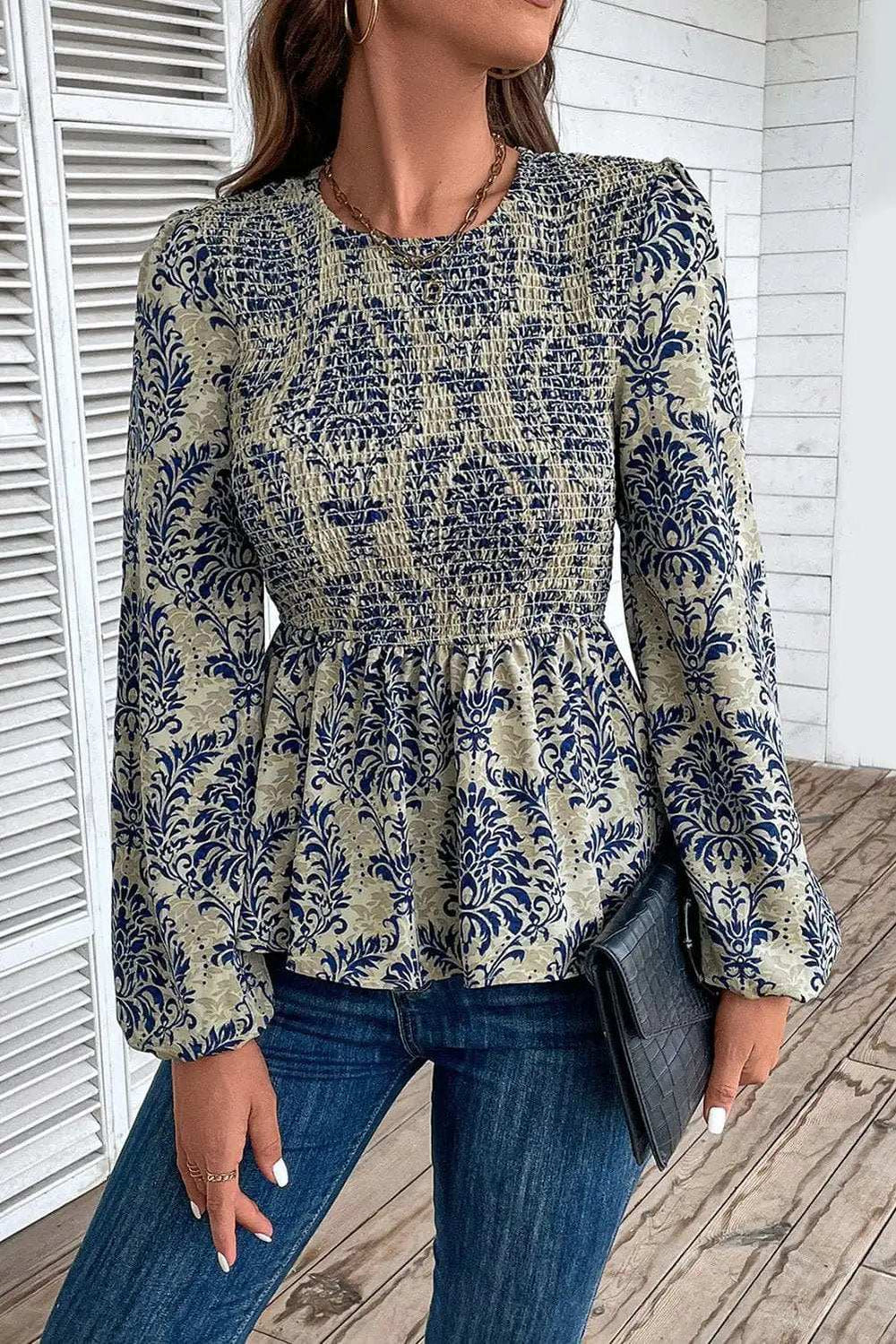 Peplum Printed Round Neck Long Sleeve Blouse - Trendsi - Flyclothing LLC