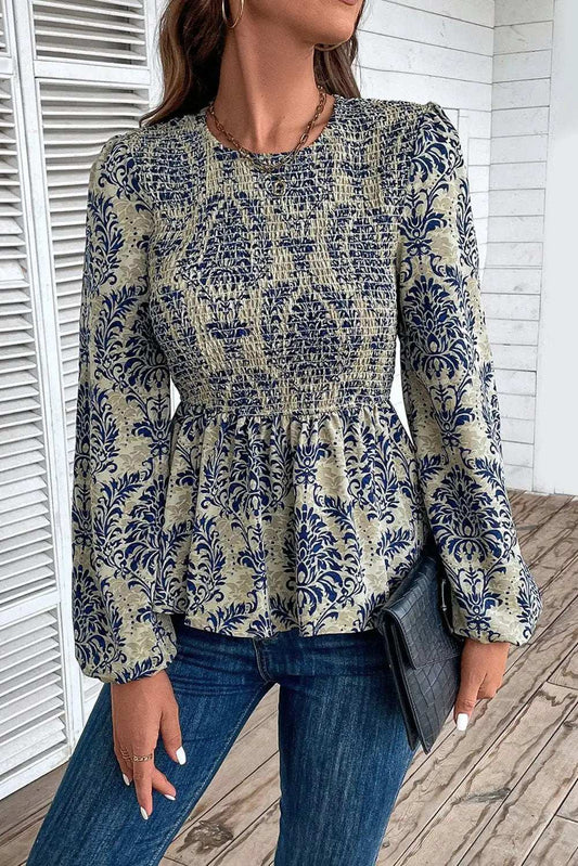 Peplum Printed Round Neck Long Sleeve Blouse - Trendsi - Flyclothing LLC