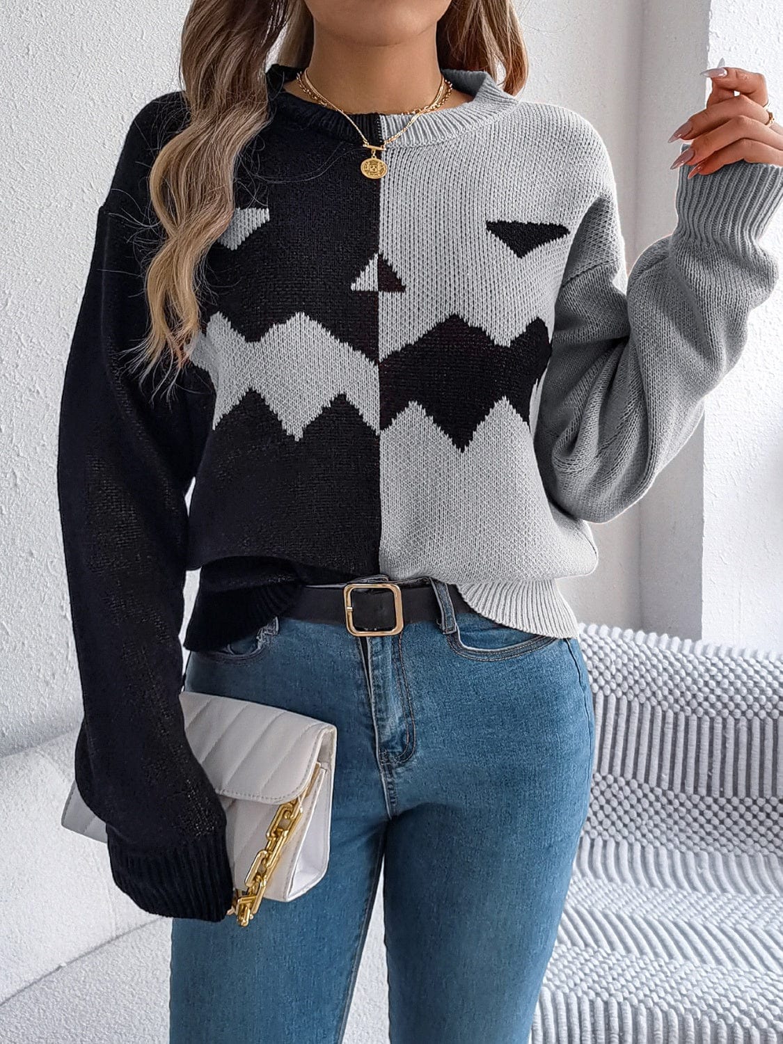 Contrast Round Neck Long Sleeve Sweater - Trendsi