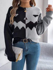 Contrast Round Neck Long Sleeve Sweater - Trendsi