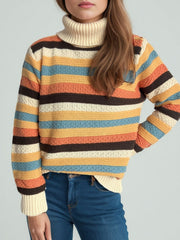 Contrast Stripes Turtleneck Long Sleeve Sweater - Trendsi
