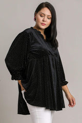Umgee Full Size Beaded Frill Flounce Sleeve Velvet Babydoll Blouse - Trendsi - Flyclothing LLC