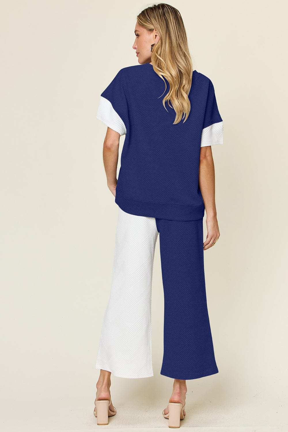 Double Take Full Size Texture Contrast T-Shirt and Wide Leg Pants Set - Trendsi - Flyclothing LLC