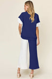 Double Take Full Size Texture Contrast T-Shirt and Wide Leg Pants Set - Trendsi - Flyclothing LLC