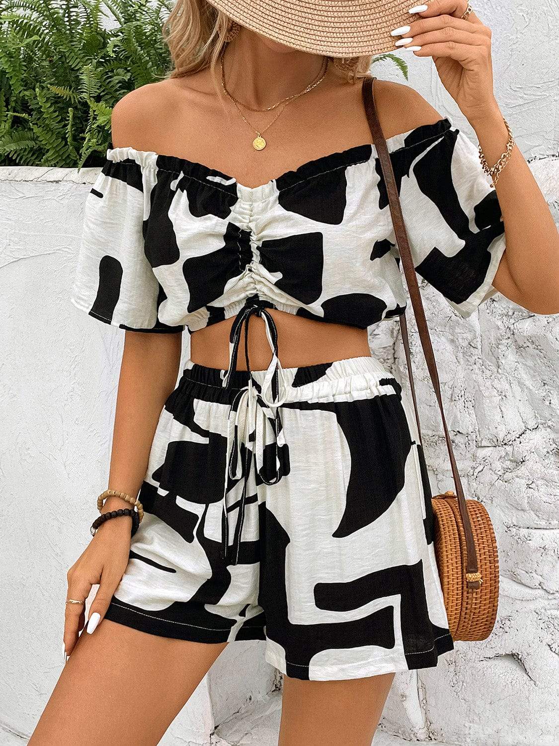 Drawstring Off-Shoulder Top and Shorts Set - Trendsi - Flyclothing LLC
