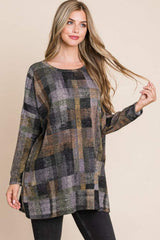 BOMBOM Plaid Round Neck Long Sleeve Top - Trendsi - Flyclothing LLC