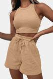 Round Neck Top and Drawstring Shorts Set - Trendsi - Flyclothing LLC