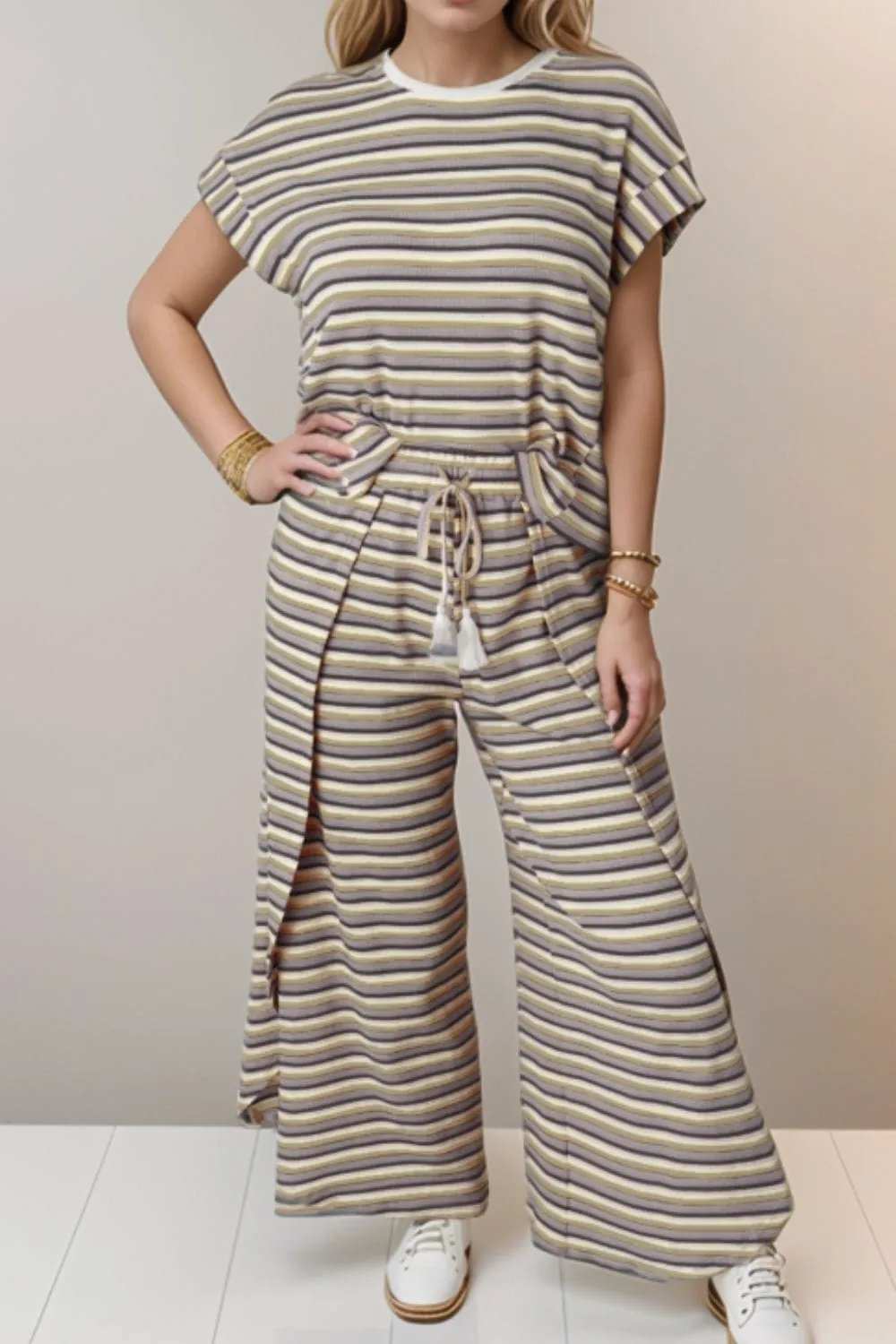 Striped Round Neck Short Sleeve Top and Pants Set - Trendsi - Flyclothing LLC
