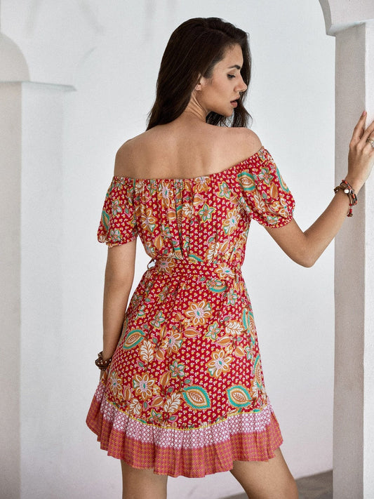 Printed Short Sleeve Tie Waist Mini Dress - Trendsi