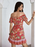 Printed Short Sleeve Tie Waist Mini Dress - Trendsi - Flyclothing LLC