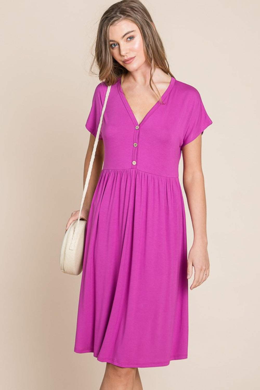 BOMBOM V-Neck Short Sleeve Dress - Trendsi - Flyclothing LLC
