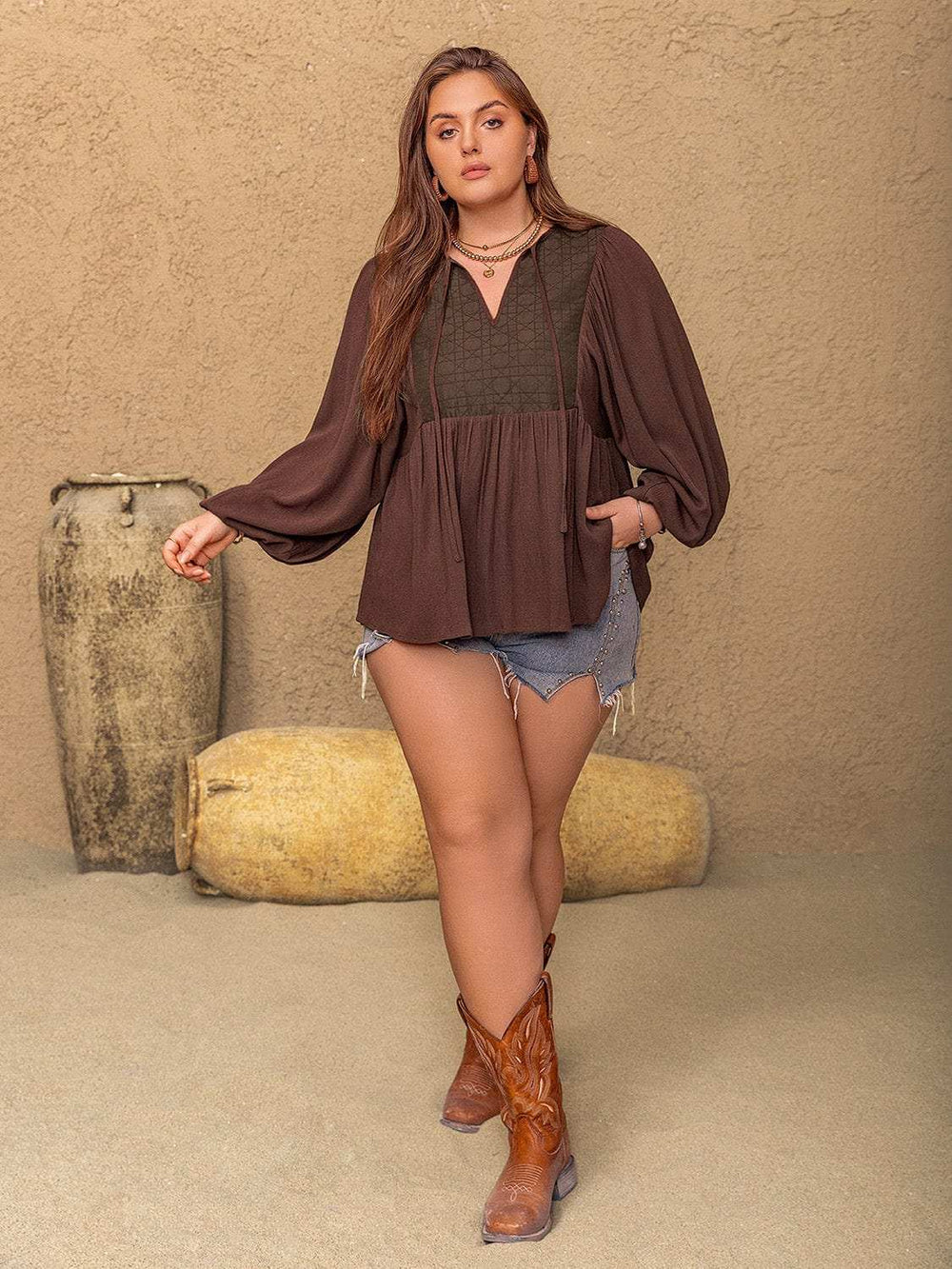 Plus Size Tie Neck Balloon Sleeve Blouse - Trendsi - Flyclothing LLC