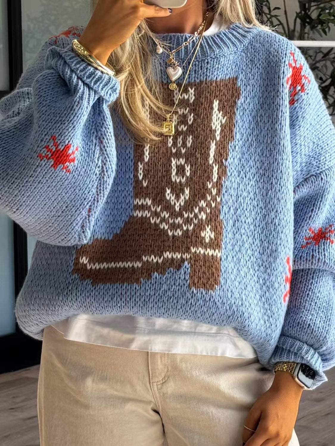 Boot Pattern Round Neck Dropped Shoulder Sweater - Trendsi - Flyclothing LLC