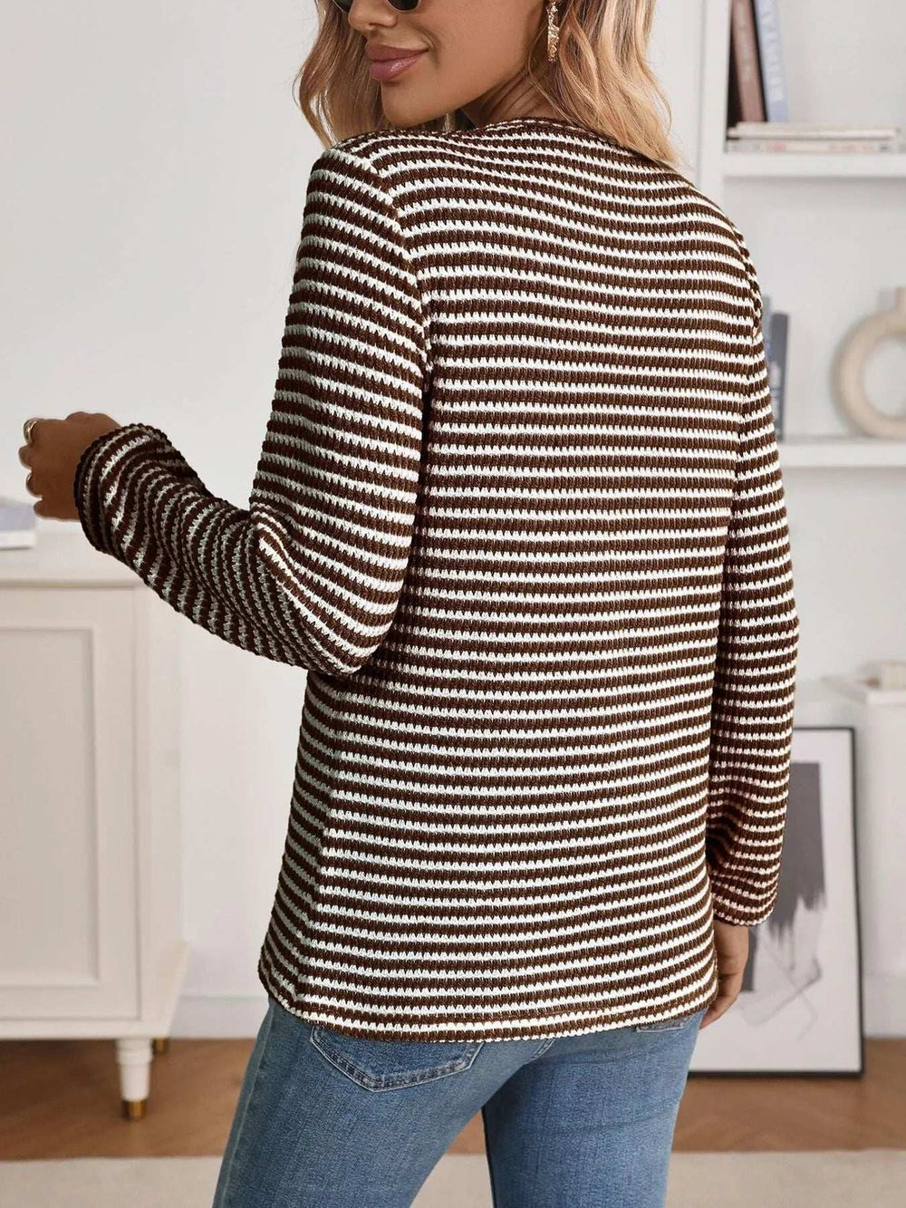 Striped Button Detail Long Sleeve Top - Trendsi - Flyclothing LLC