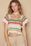 POL Openwork Ethnic Pattern Square Neck Cropped Knit Top - Trendsi
