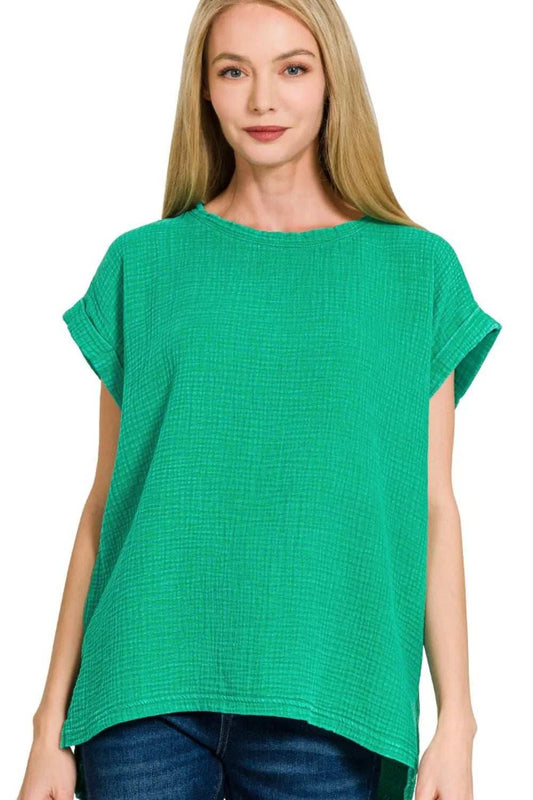 Zenana Woven Double Gauze Acid Washed Short Sleeve Top - Trendsi - Flyclothing LLC