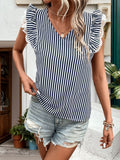 Lace Detail Ruffled Striped V-Neck Cap Sleeve Blouse - Trendsi