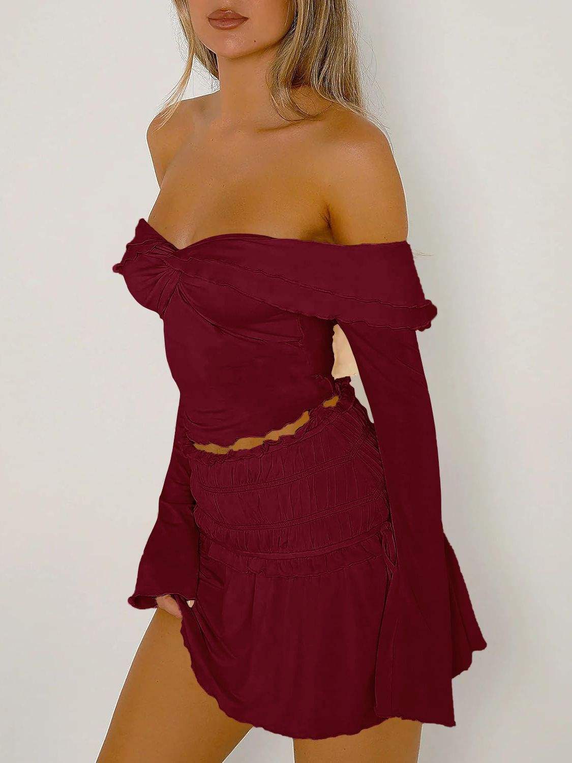 Devine Twisted Ruffled Off-Shoulder Long Sleeve T-Shirt - Trendsi - Flyclothing LLC