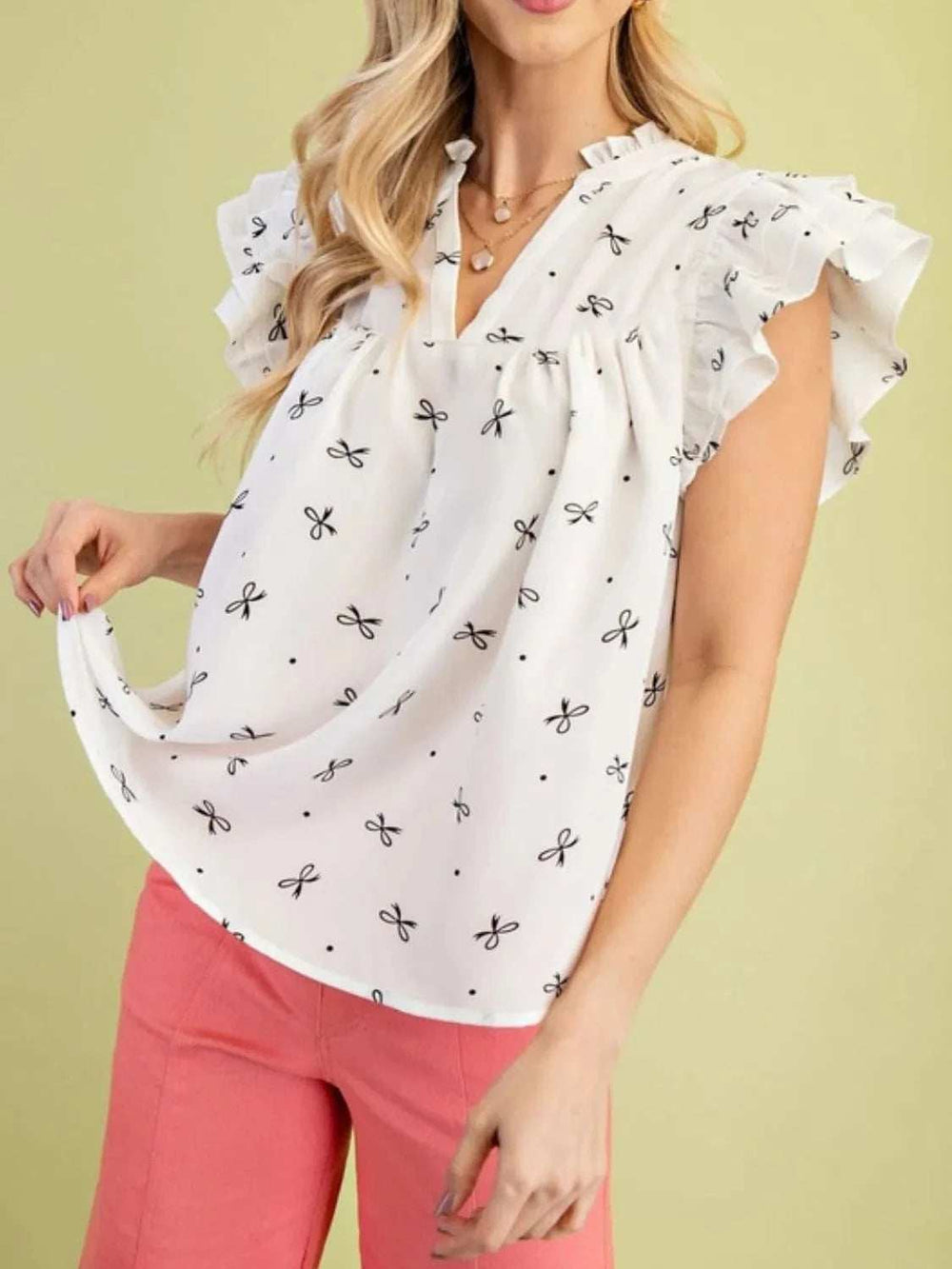 Notched Ruffled Cap Sleeve Blouse - Trendsi - Flyclothing LLC