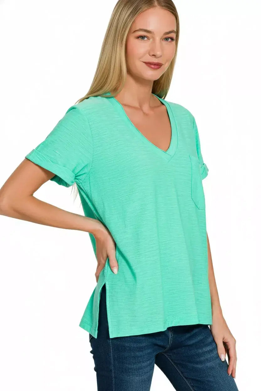 Zenana Slub Rolled Short Sleeve V-Neck Tee - Trendsi - Flyclothing LLC