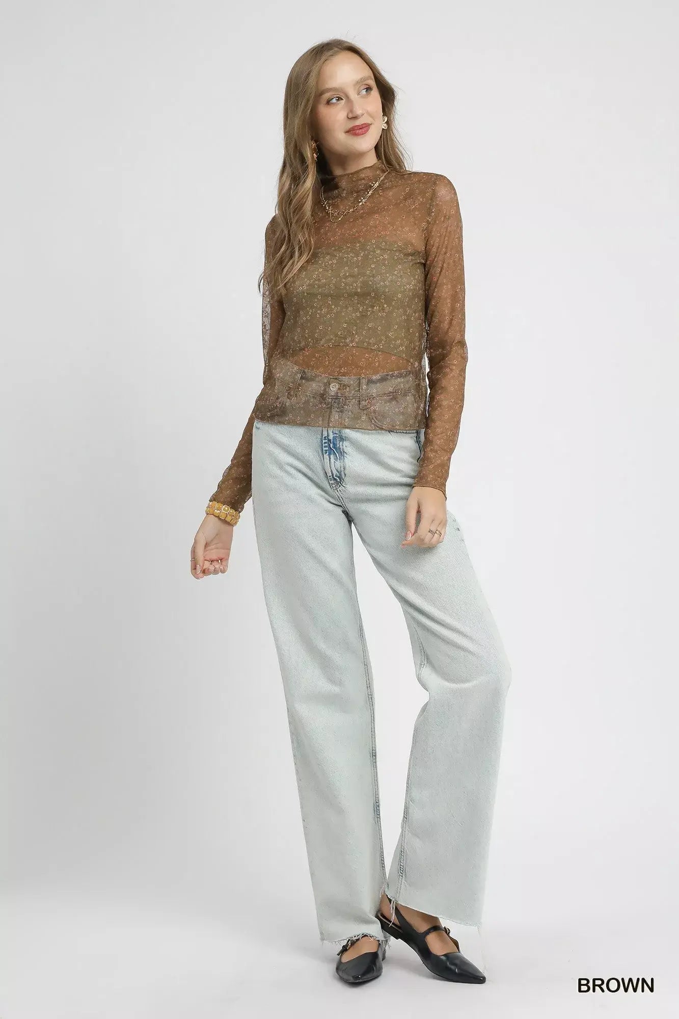 Umgee Nylon Lace Mesh Long Sleeve Top - Trendsi - Flyclothing LLC