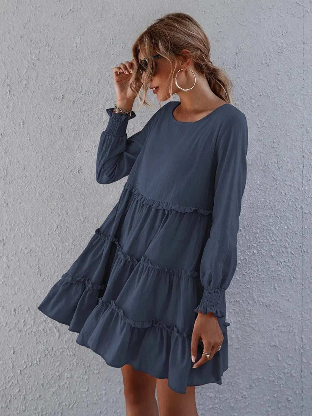 Frill Tiered Long Sleeve Mini Dress - Trendsi - Flyclothing LLC