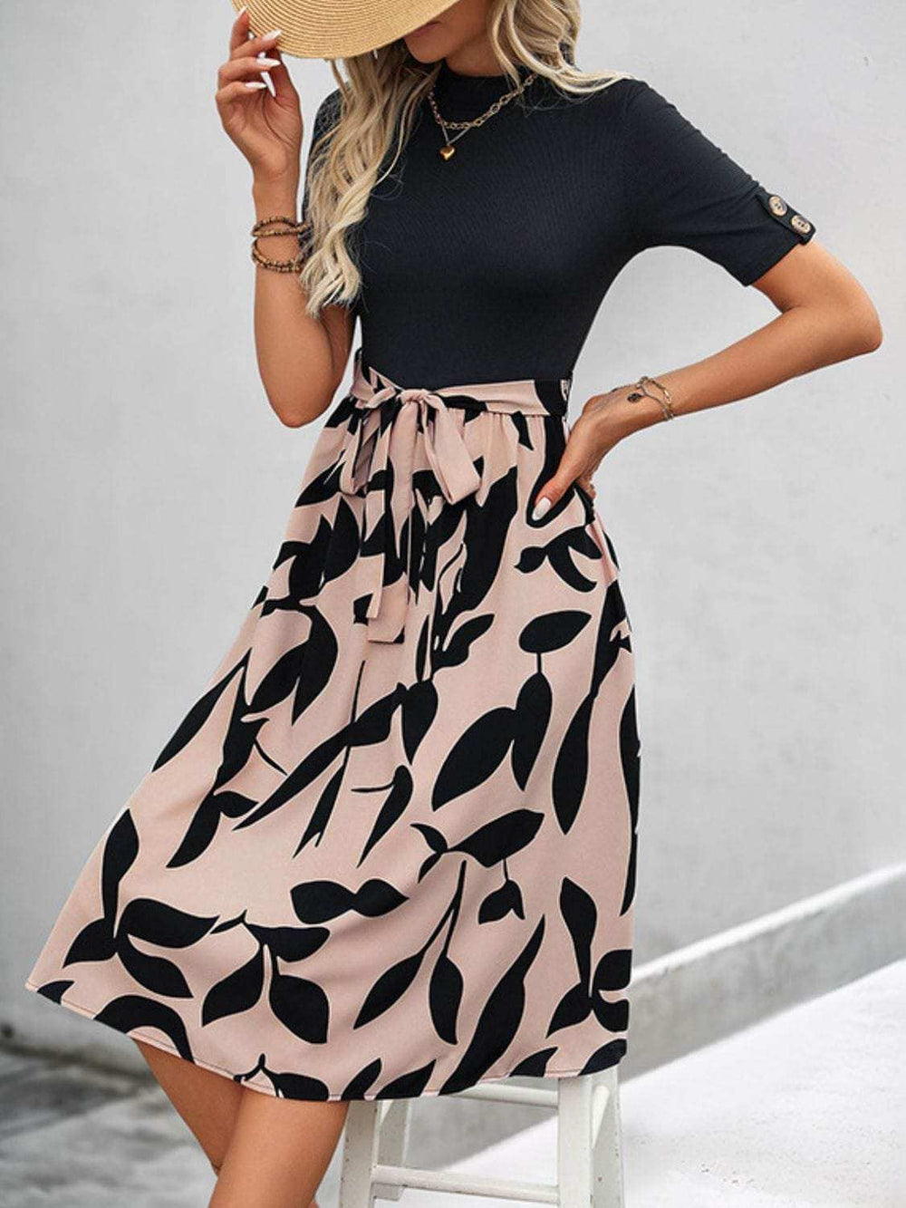 Perfee Tied Printed Mock Neck Short Sleeve Dress - Trendsi - Flyclothing LLC