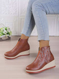 Round Toe Wedge Ankle Boots - Trendsi - Flyclothing LLC