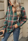 Drawstring Plaid Hooded Long Sleeve Top - Trendsi