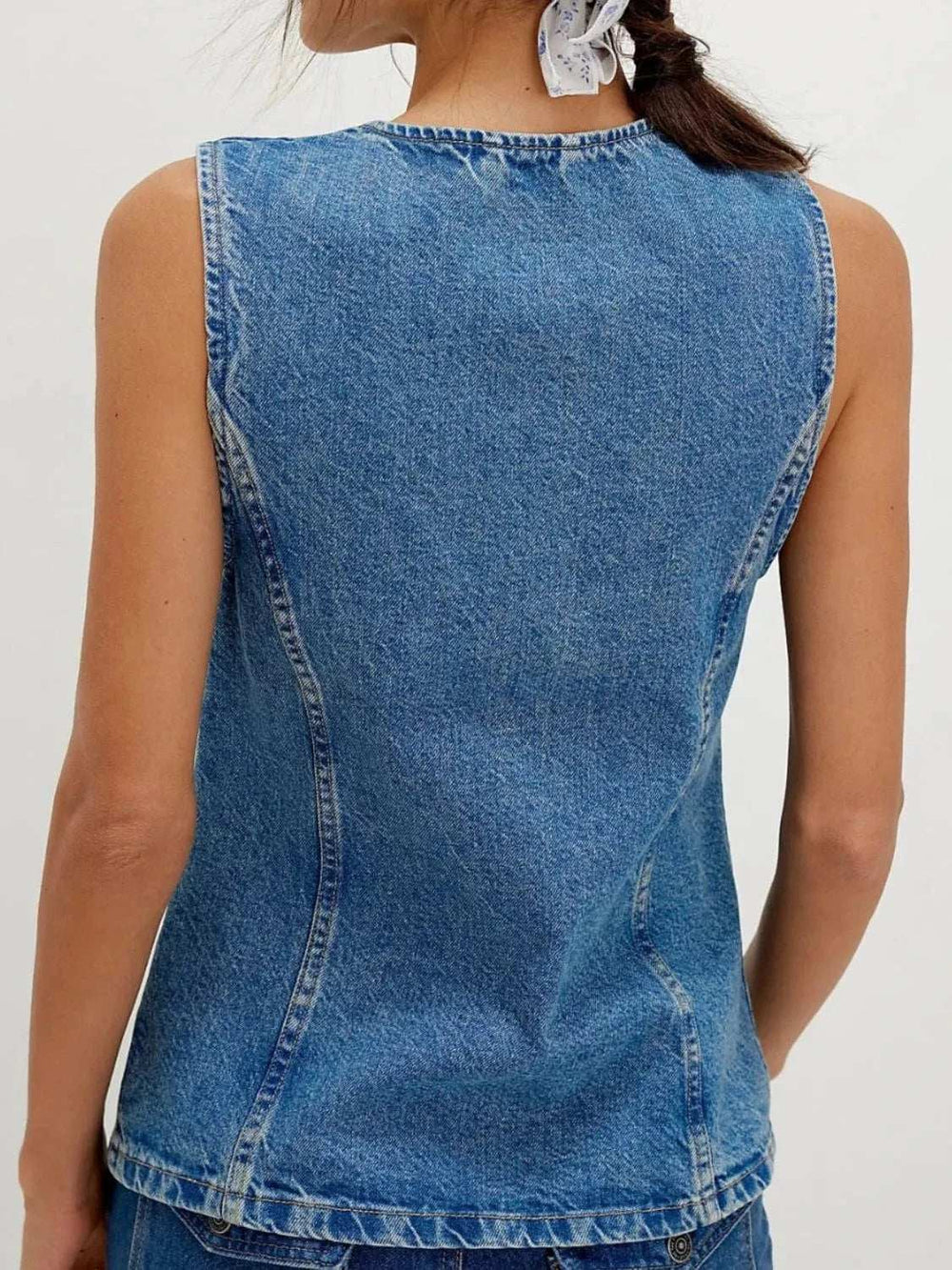 Button Down Round Neck Denim Vest - Trendsi - Flyclothing LLC