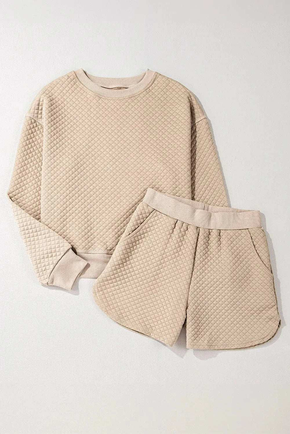 Quilted Round Neck Long Sleeve Top and Shorts Set - Trendsi - Flyclothing LLC