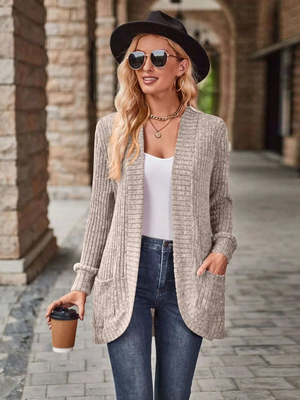 Ribbed Open Front Long Cardigan with Pockets - Trendsi - Flyclothing LLC