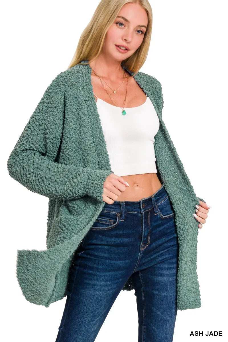 Zenana Long Sleeve Popcorn Sweater Cardigan with Pockets - Trendsi - Flyclothing LLC