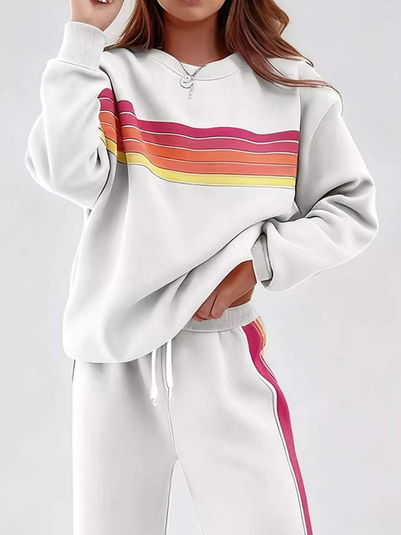 Striped Round Neck Sweatshirt and Pants Set - Trendsi - Flyclothing LLC