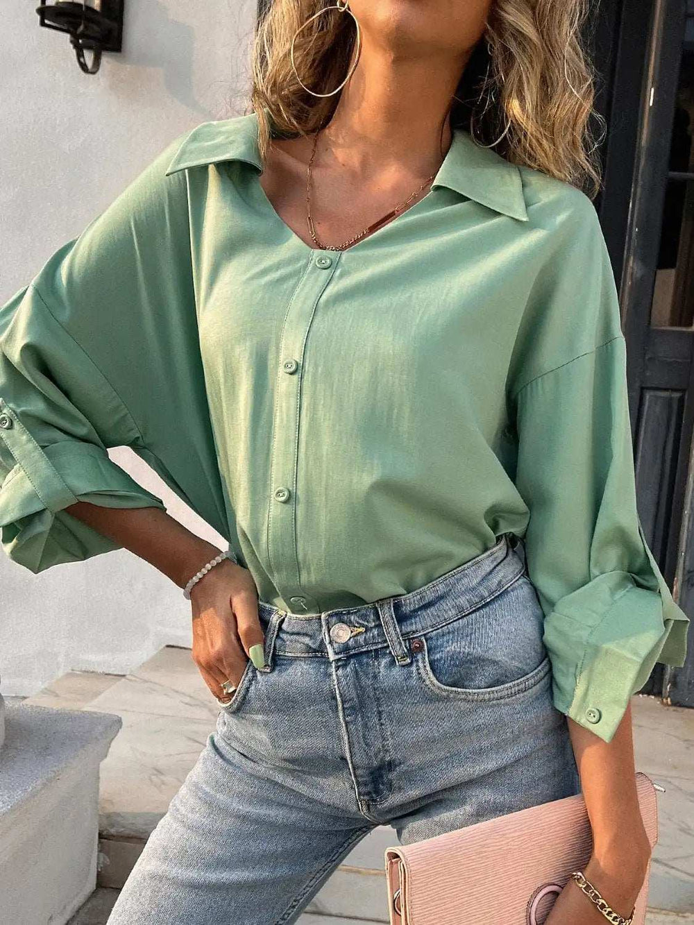 Button Down Collared Neck Long Sleeve Shirt - Trendsi - Flyclothing LLC