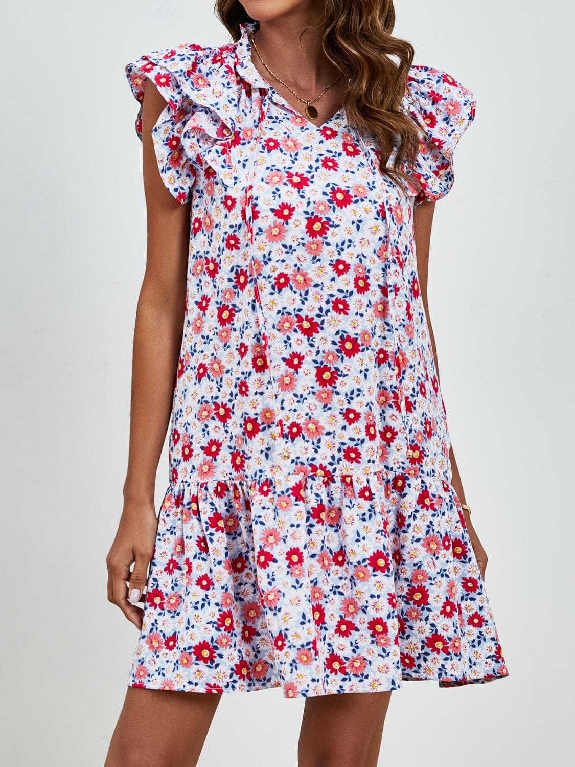 Tied Floral Cap Sleeve Mini Dress - Trendsi