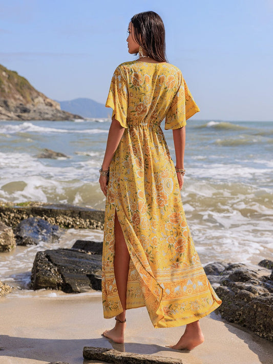 Drawstring Printed Plunge Half Sleeve Dress - Trendsi