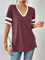 Contrast Trim V-Neck Short Sleeve T-Shirt - Trendsi
