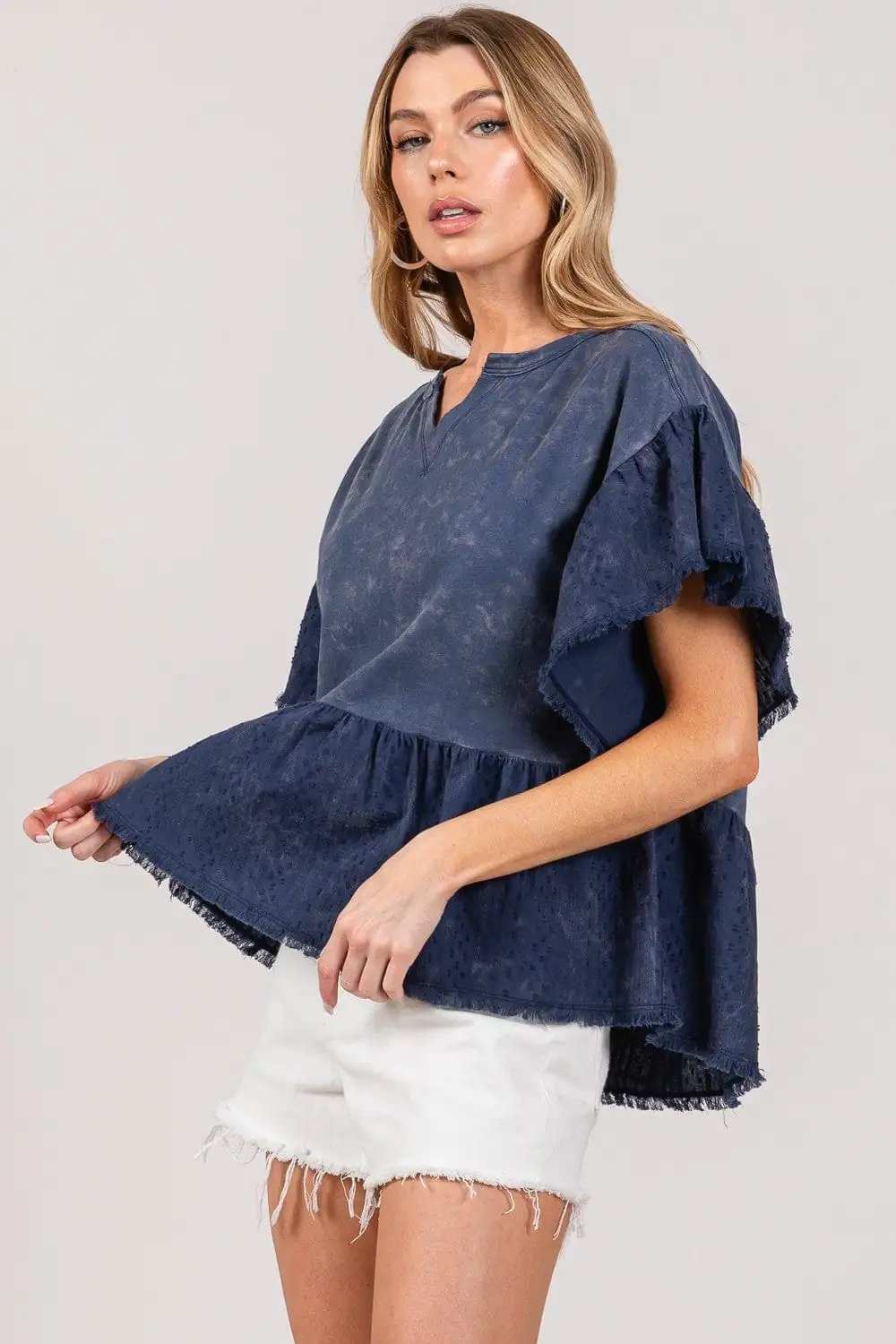 SAGE + FIG Ruffle Sleeve Washed Short Sleeve Blouse - Trendsi - Flyclothing LLC