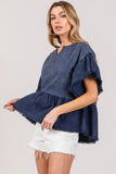 SAGE + FIG Ruffle Sleeve Washed Short Sleeve Blouse - Trendsi