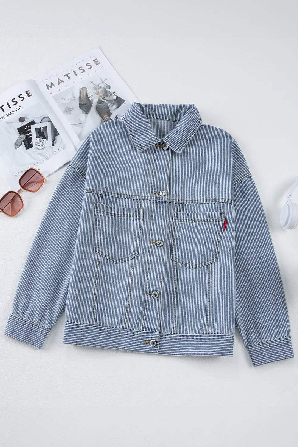 Striped Button Up Long Sleeve Denim Jacket - Trendsi - Flyclothing LLC