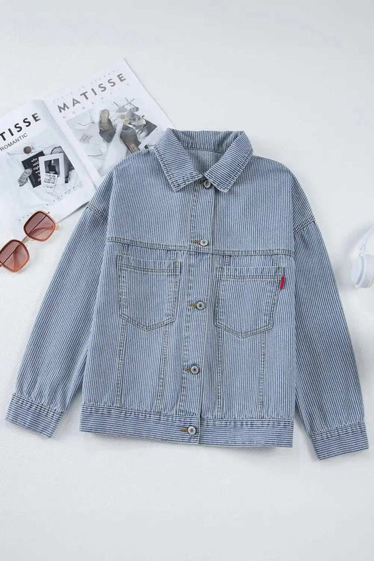 Striped Button Up Long Sleeve Denim Jacket - Trendsi - Flyclothing LLC