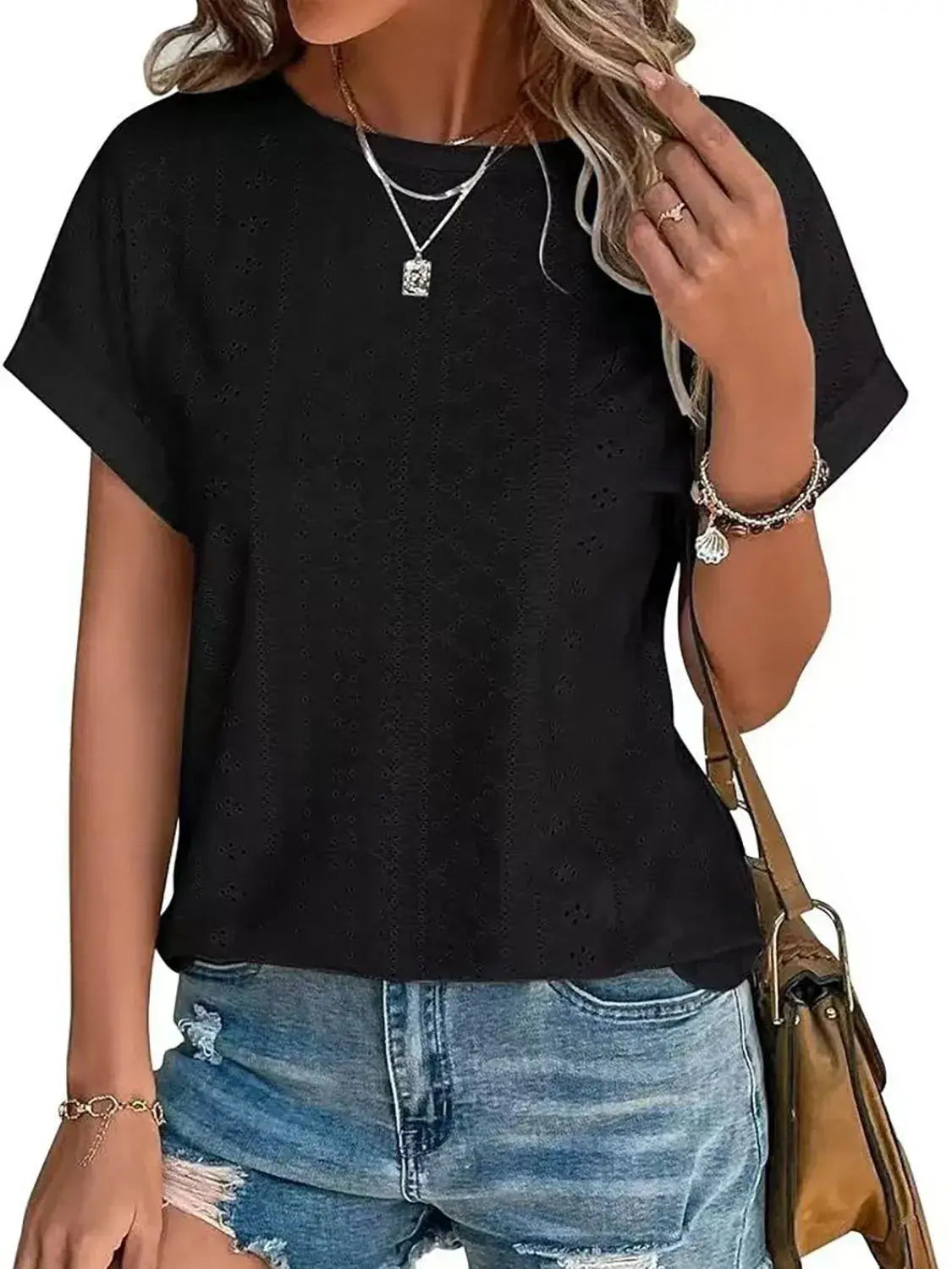 Eyelet Round Neck Short Sleeve T-Shirt - Trendsi - Flyclothing LLC