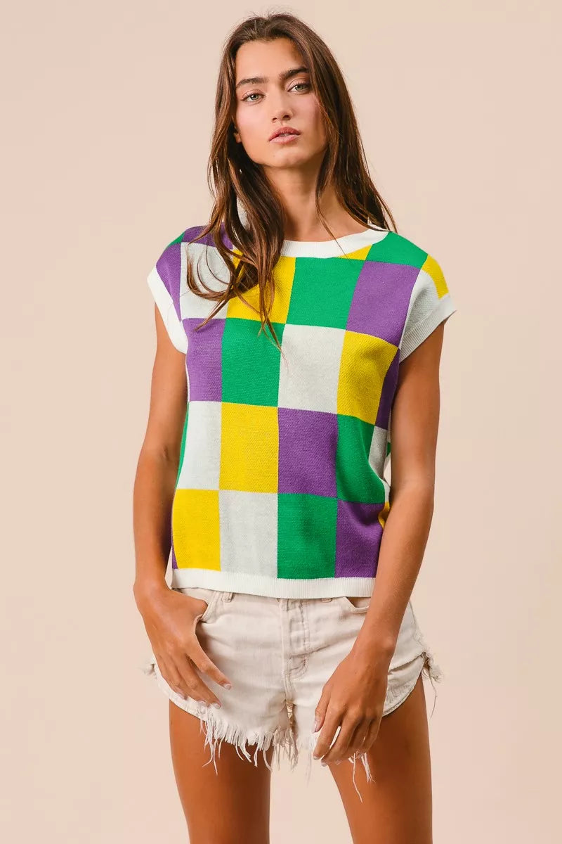 BiBi Mardi Gras Checker Pattern Sleeveless Sweater Top - Trendsi - Flyclothing LLC
