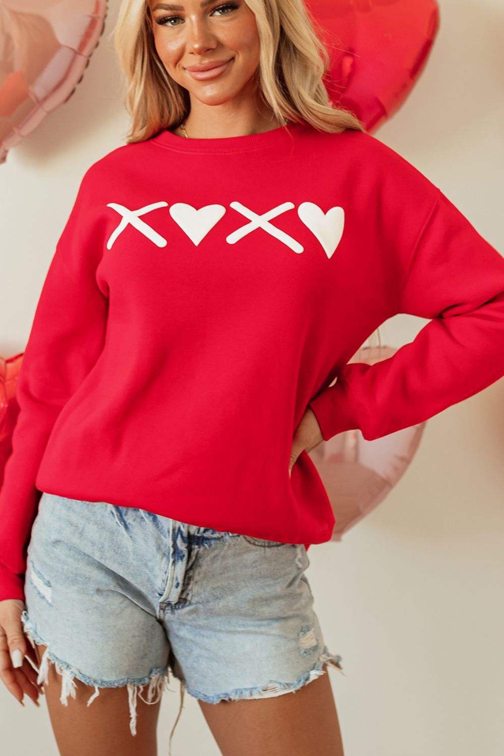 Valentine’s Day XOXO Round Neck Drop Shoulder Sweatshirt - Trendsi - Flyclothing LLC