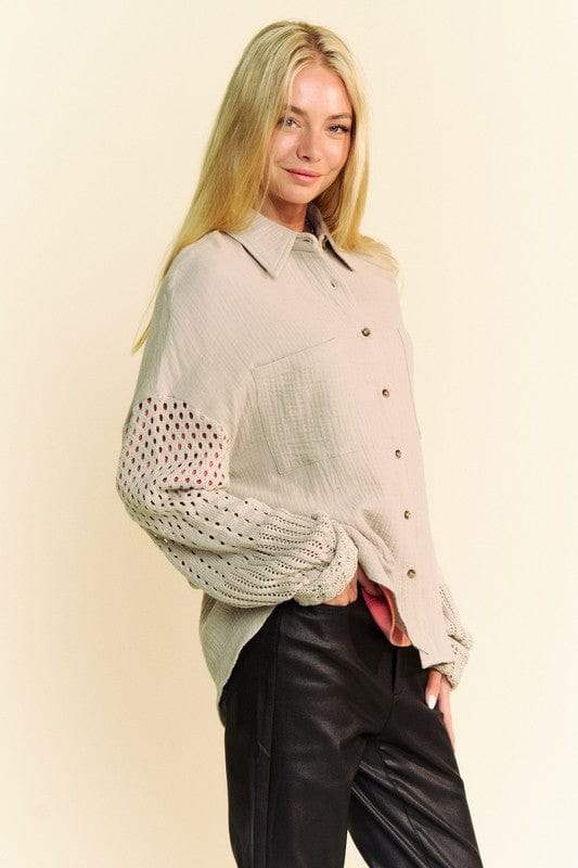 Davi & Dani Crochet Sleeve Crinkled Texture Shirt - Trendsi - Flyclothing LLC