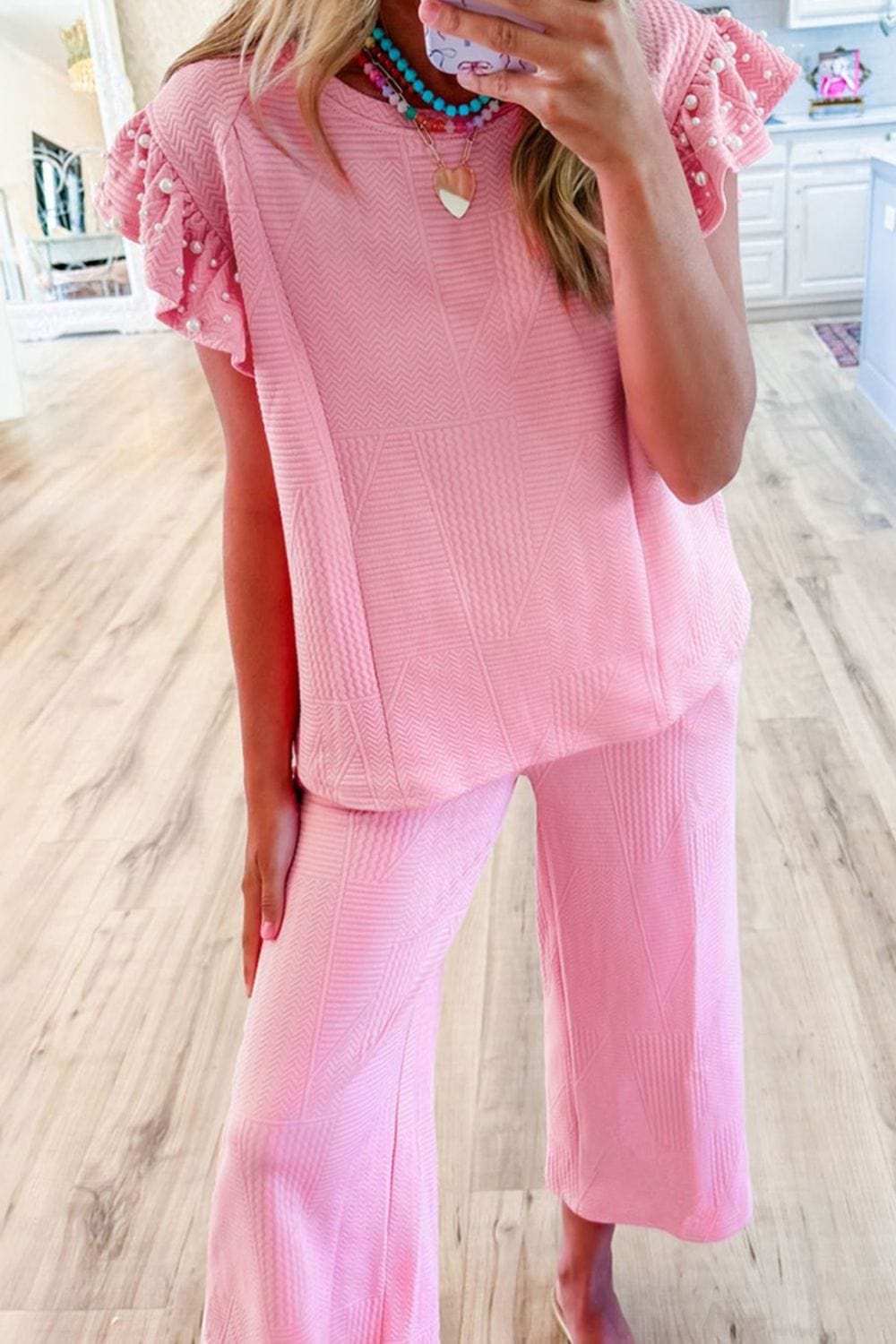 Textured Pearled Ruffled Sleeve Top and Wide Leg Pants Set - Trendsi - Flyclothing LLC