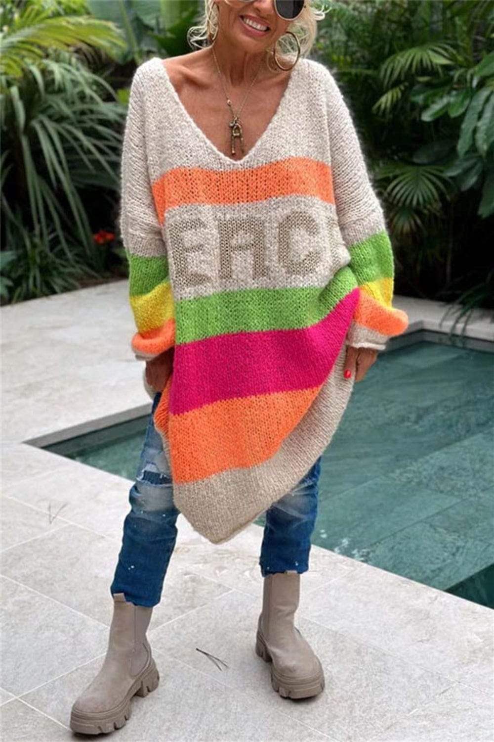 Color Block V-Neck Long Sleeve Sweater Dress - Trendsi - Flyclothing LLC